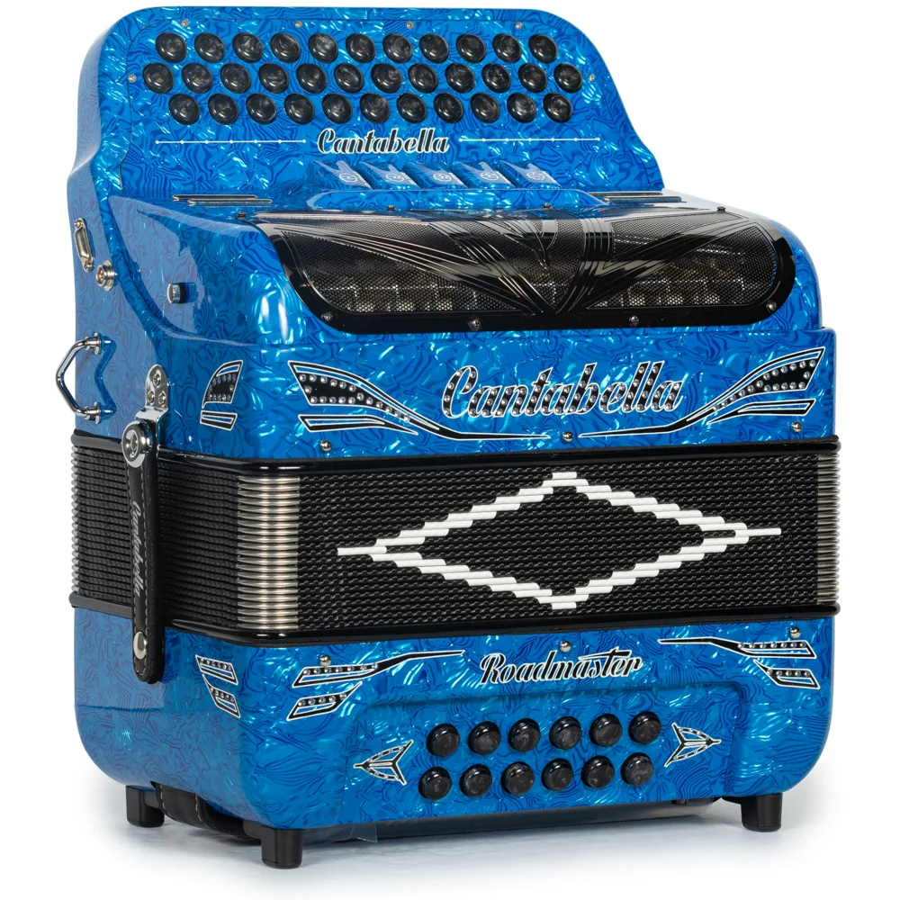 Cantabella Reina Accordion 5 Switch EAD Celluloid Blue Waves with Black and Painted Fretboard - Image 4