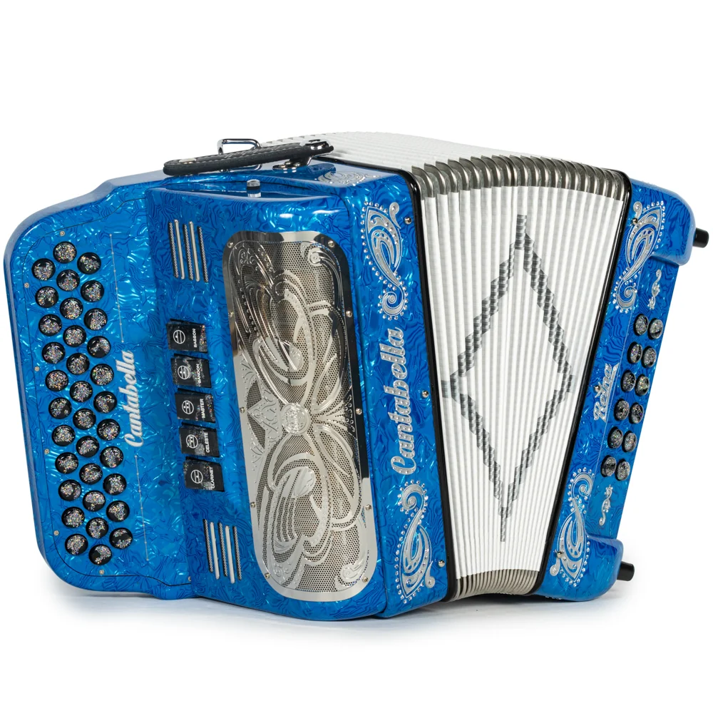 Cantabella Reina Accordion 5 Switch EAD Celluloid Blue Waves with Silver and Black Painted Fretboard