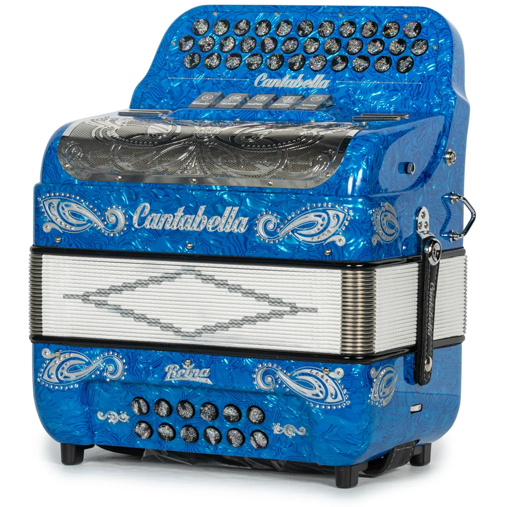 Cantabella Reina Accordion 5 Switch EAD Celluloid Blue Waves with Silver and Black Painted Fretboard - Image 2