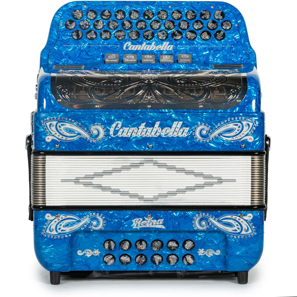 Cantabella Reina Accordion 5 Switch EAD Celluloid Blue Waves with Silver and Black Painted Fretboard - Image 3