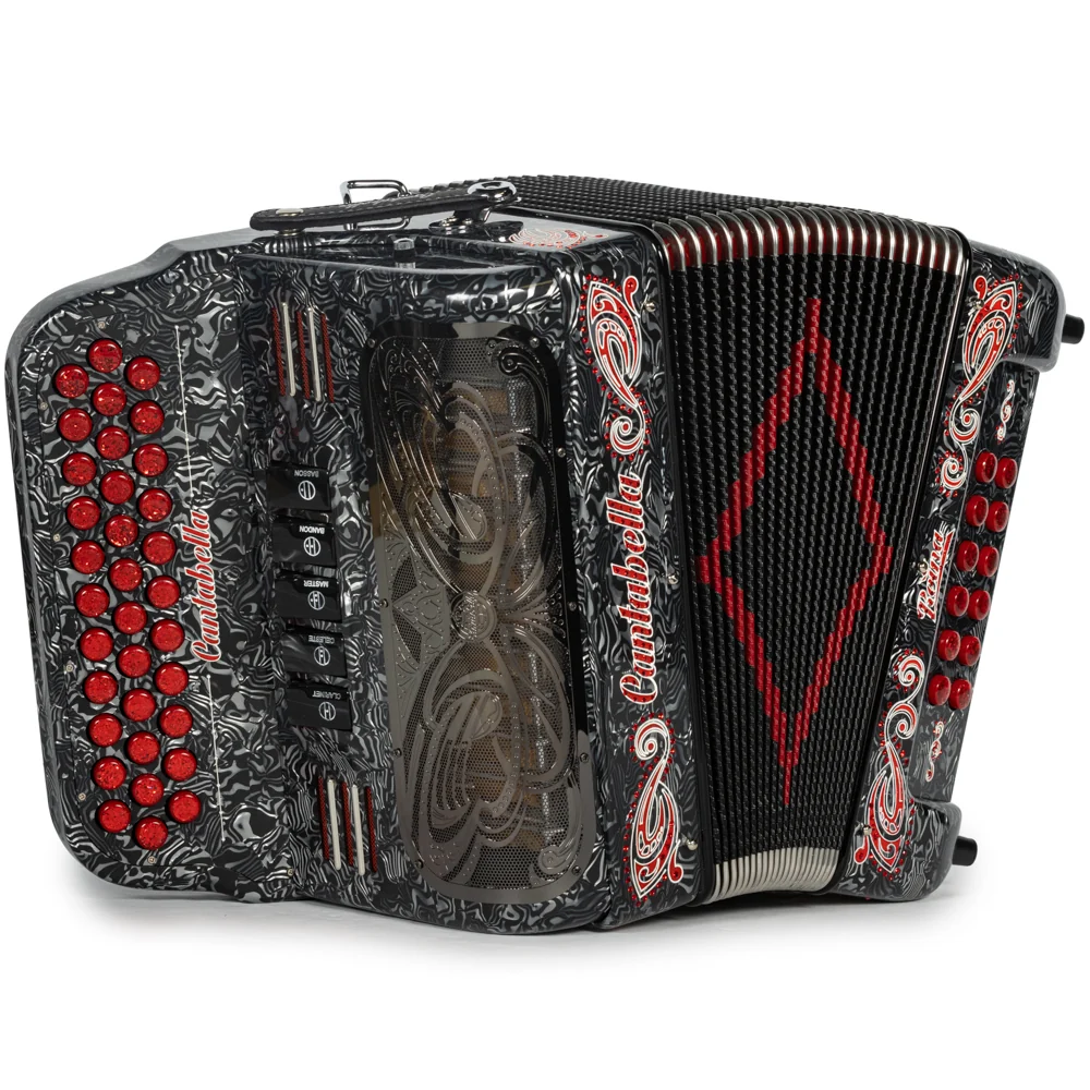 Cantabella Reina Accordion 5 Switch EAD Celluloid Grey Waves with Red and Painted Fretboard