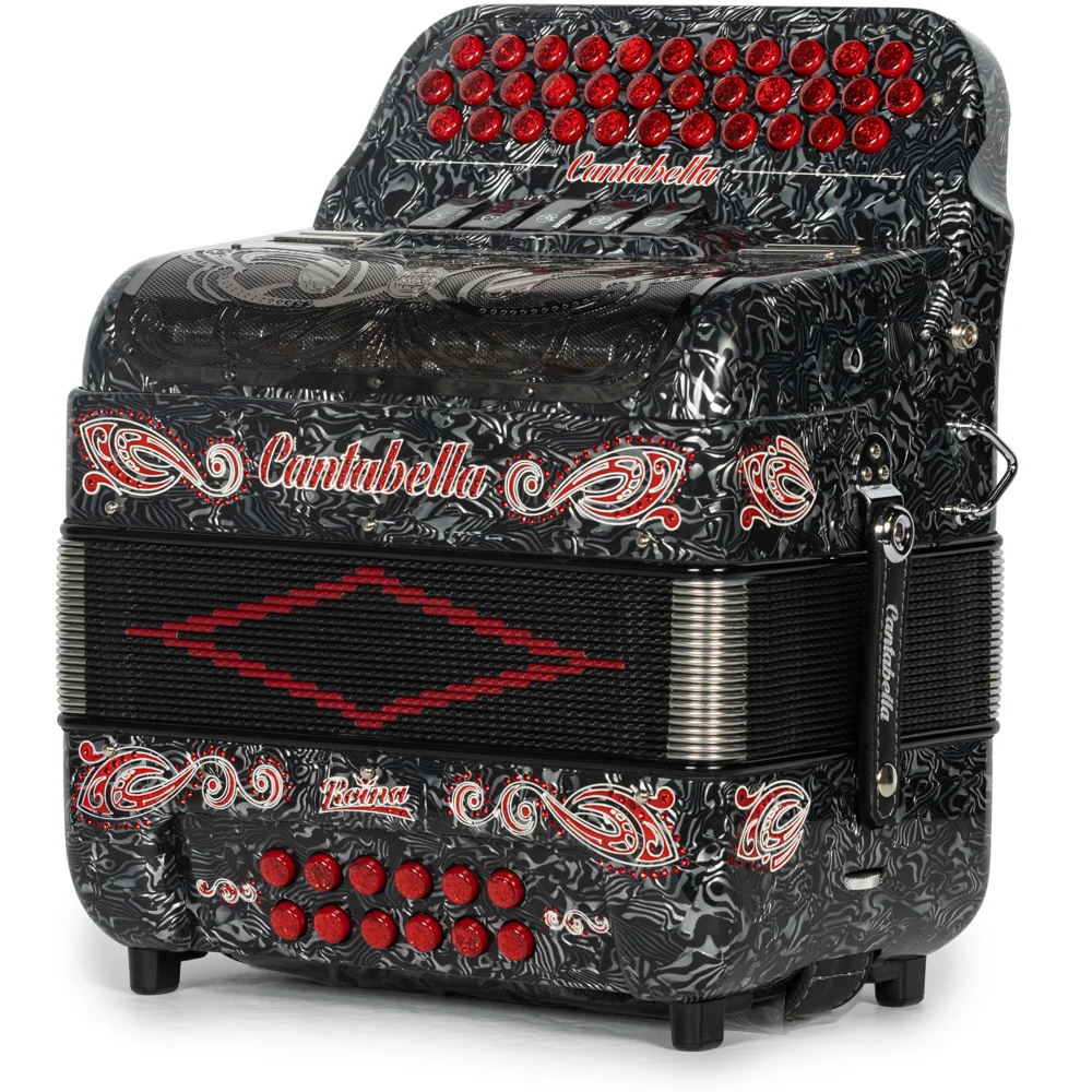 Cantabella Reina Accordion 5 Switch EAD Celluloid Grey Waves with Red and Painted Fretboard - Image 2