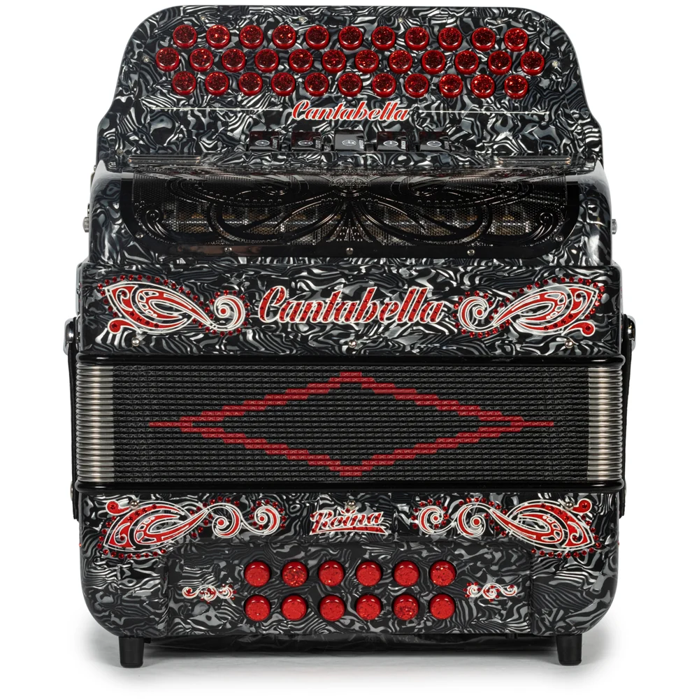 Cantabella Reina Accordion 5 Switch EAD Celluloid Grey Waves with Red and Painted Fretboard - Image 3