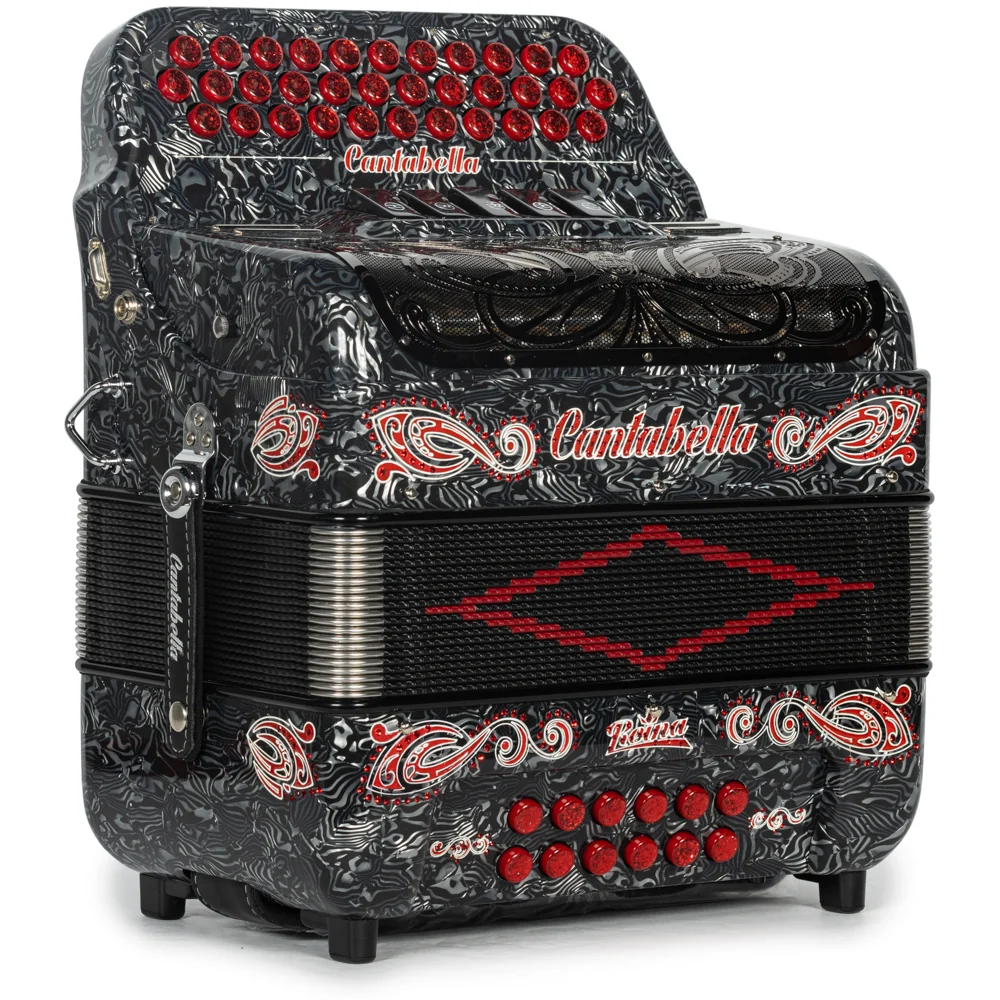 Cantabella Reina Accordion 5 Switch EAD Celluloid Grey Waves with Red and Painted Fretboard - Image 4