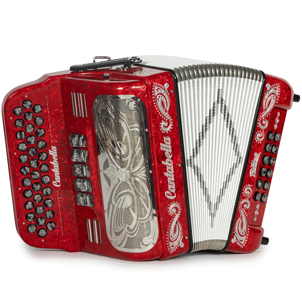 Cantabella Reina Accordion 5 Switch EAD Special Celluloid Red Wave with Silver and Painted Fretboard