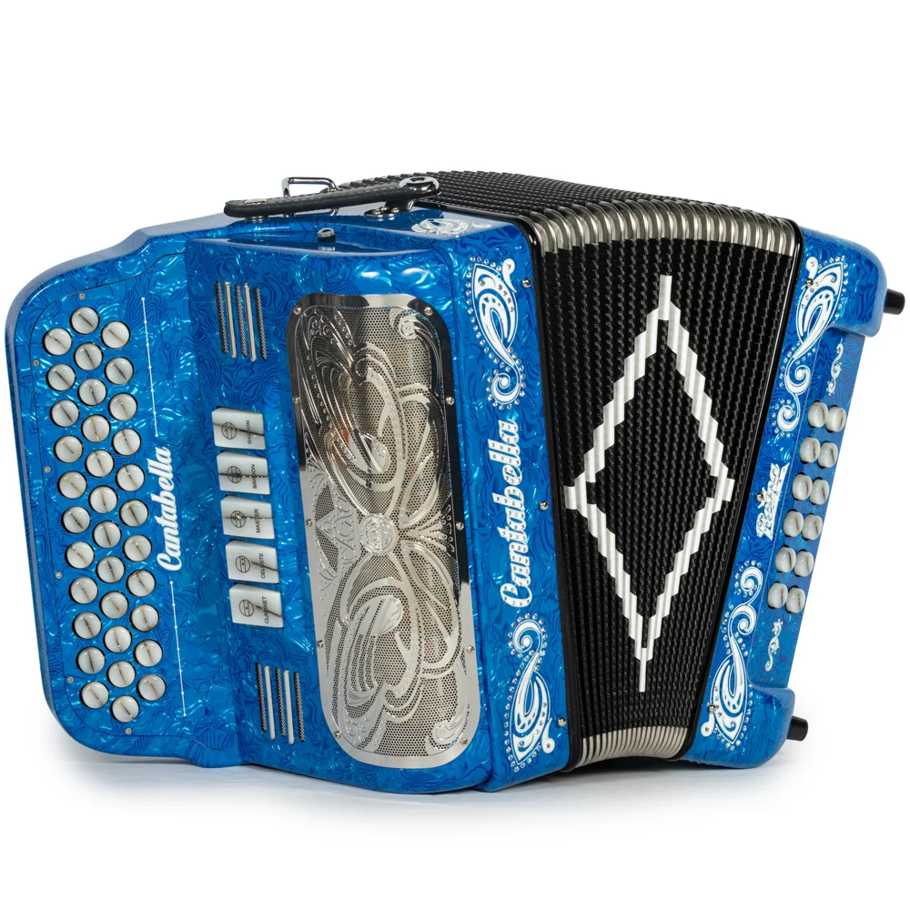 Cantabella Reina Accordion 5 Switch FBE Celluloid Blue Waves with Painted Fretboard and Black Bellows