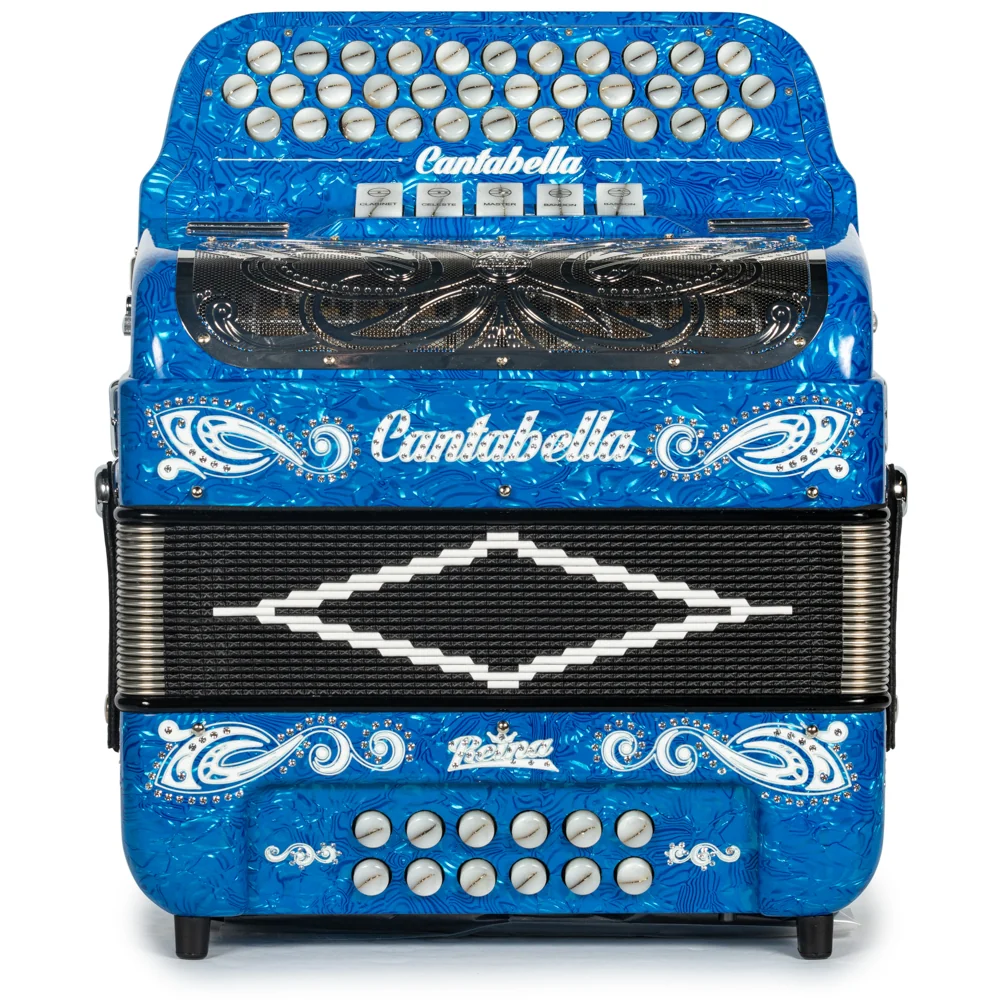 Cantabella Reina Accordion 5 Switch FBE Celluloid Blue Waves with Painted Fretboard and Black Bellows - Image 3