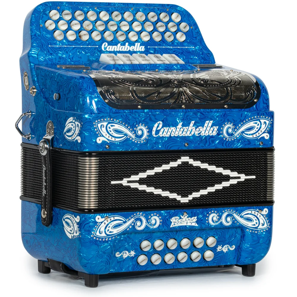 Cantabella Reina Accordion 5 Switch FBE Celluloid Blue Waves with Painted Fretboard and Black Bellows - Image 4