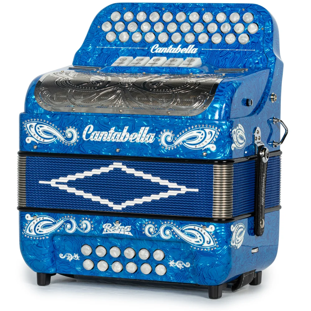 Cantabella Reina Accordion 5 Switch FBE Celluloid Blue Waves with Painted Fretboard and Blue Bellows - Image 2