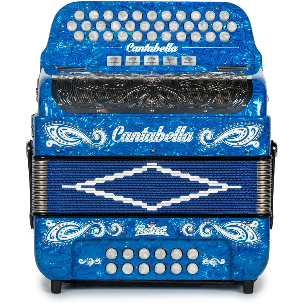 Cantabella Reina Accordion 5 Switch FBE Celluloid Blue Waves with Painted Fretboard and Blue Bellows - Image 3