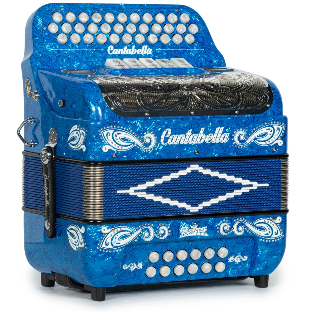 Cantabella Reina Accordion 5 Switch FBE Celluloid Blue Waves with Painted Fretboard and Blue Bellows - Image 4