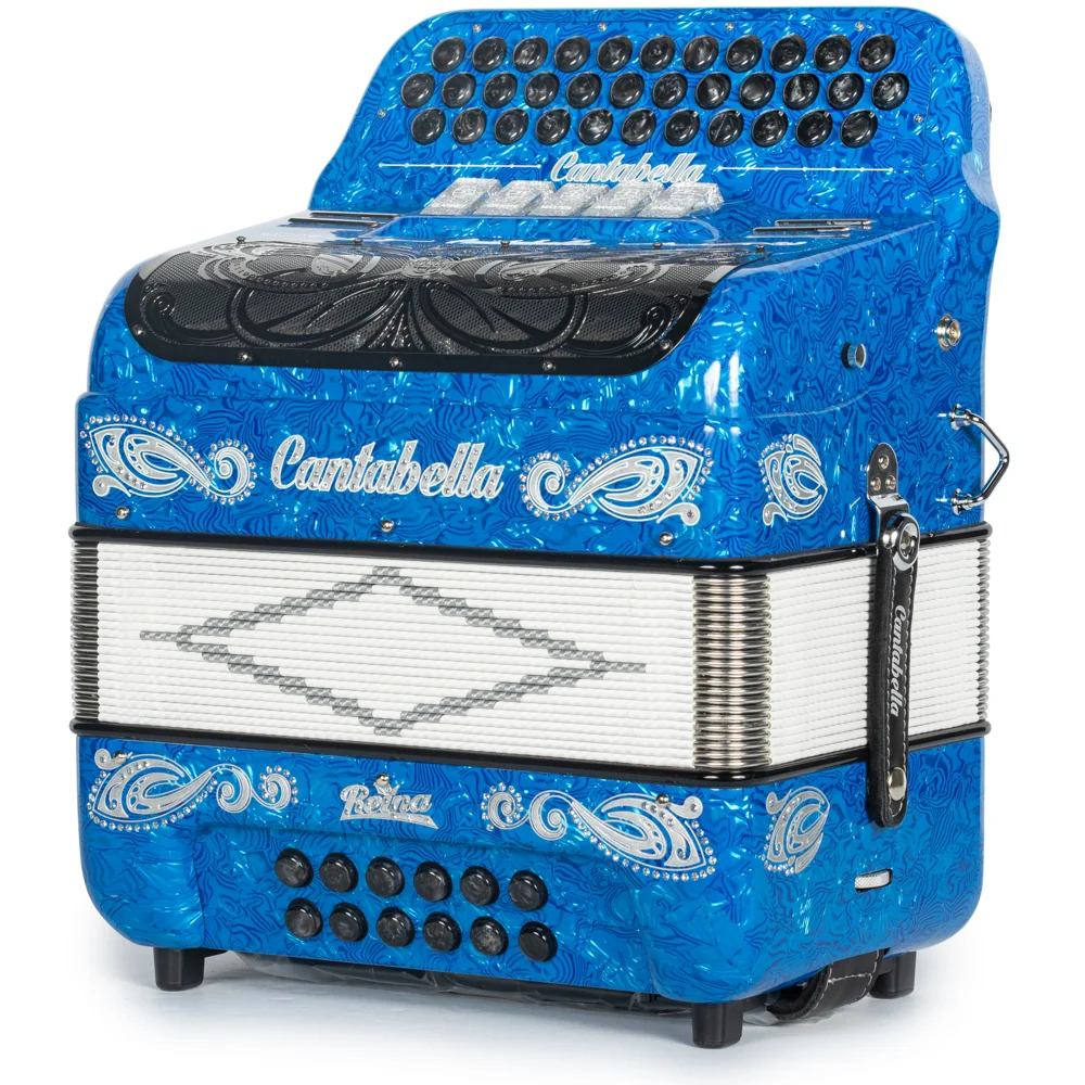 Cantabella Reina Accordion 5 Switch FBE Celluloid Blue Waves with Silver and Black Painted Fretboard - Image 2