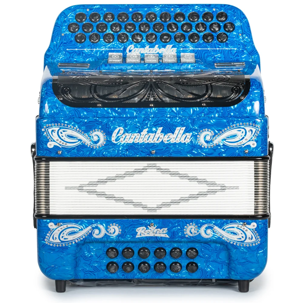 Cantabella Reina Accordion 5 Switch FBE Celluloid Blue Waves with Silver and Black Painted Fretboard - Image 3