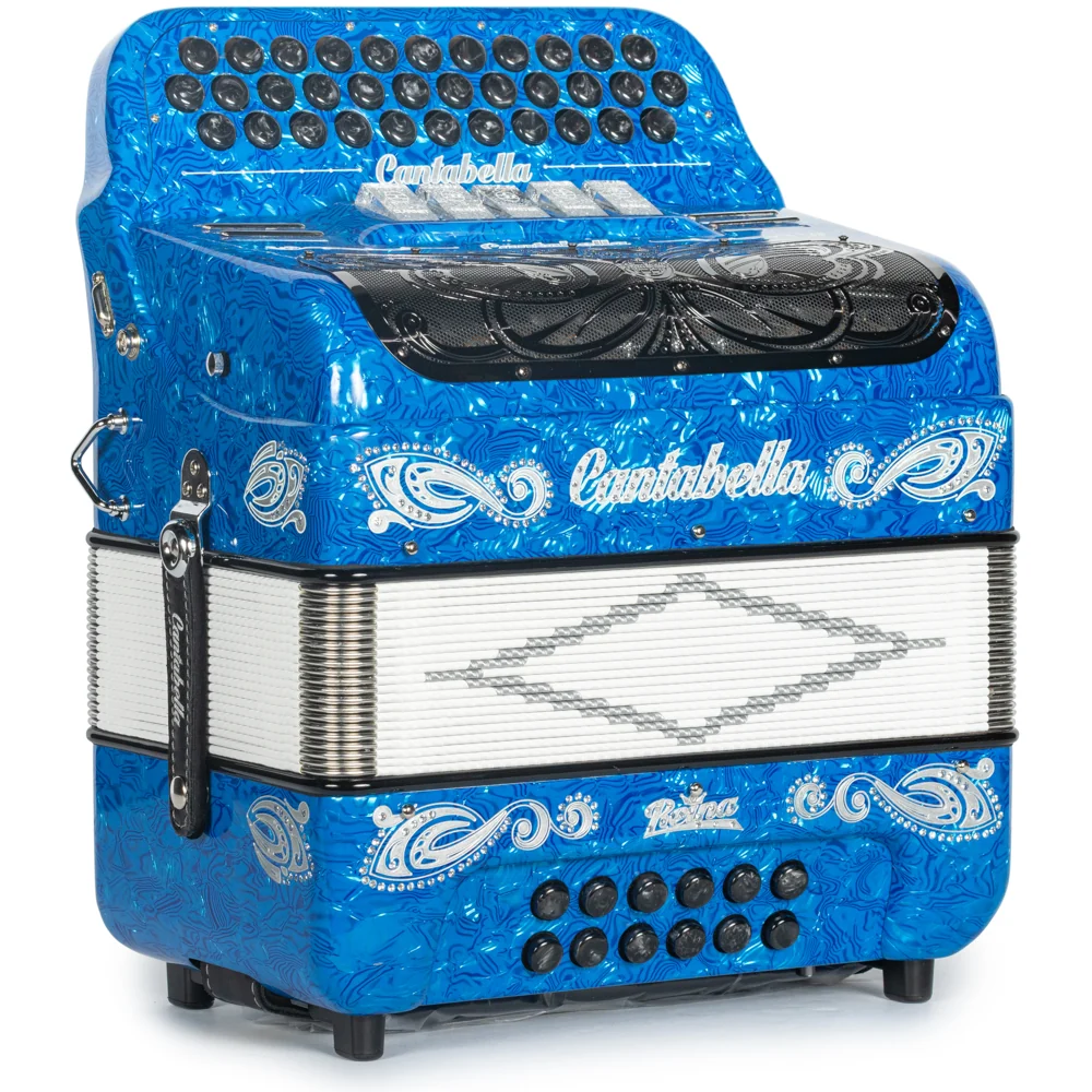 Cantabella Reina Accordion 5 Switch FBE Celluloid Blue Waves with Silver and Black Painted Fretboard - Image 4