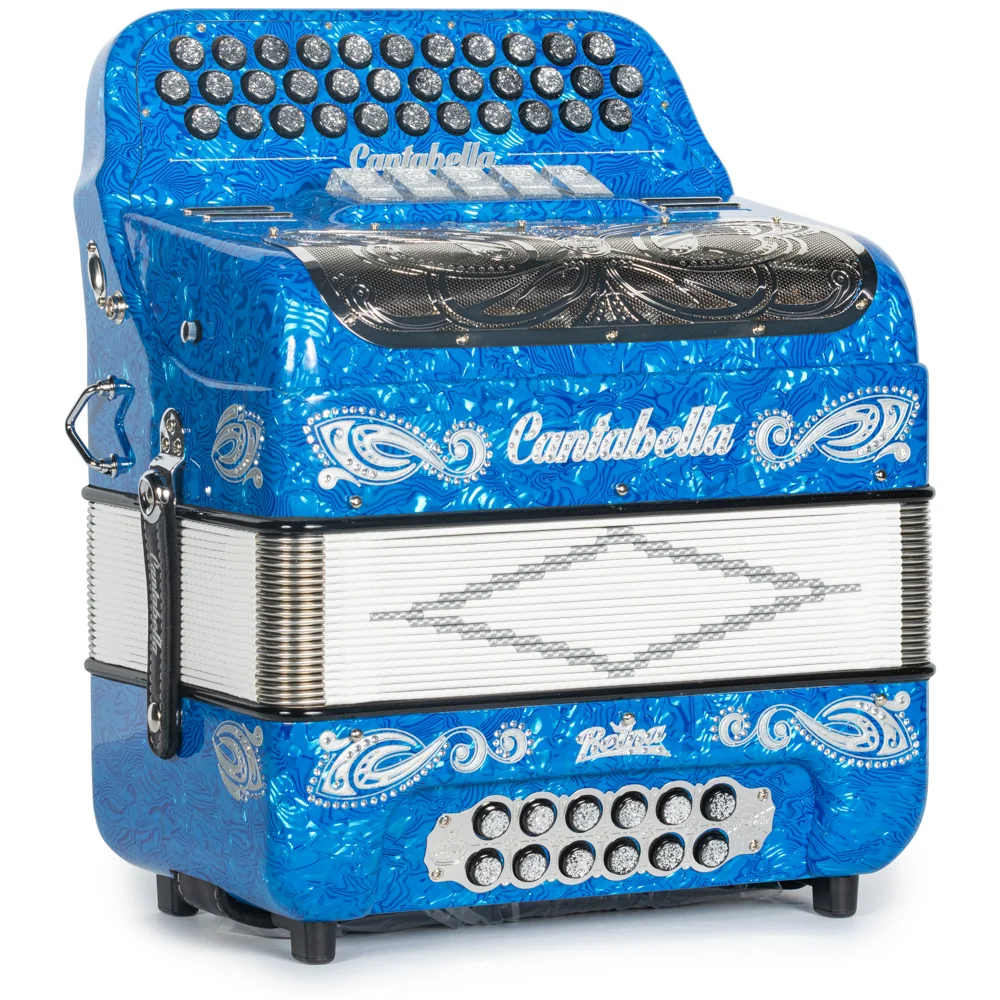 Cantabella Reina Accordion 5 Switch FBE Celluloid Blue Waves with Silver Painted Fretboard - Image 4