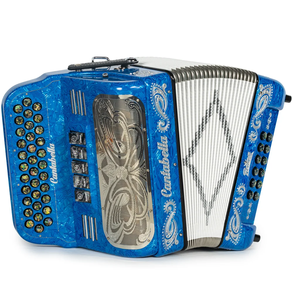 Cantabella Reina Accordion 5 Switch FBE Celluloid Blue Waves with Silver Painted Fretboard - Image 5