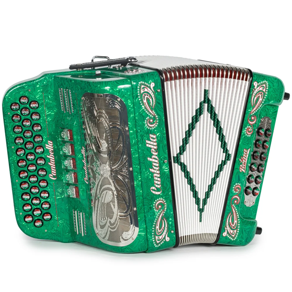 Cantabella Reina Accordion 5 Switch FBE Celluloid Green Waves with Painted Fretboard