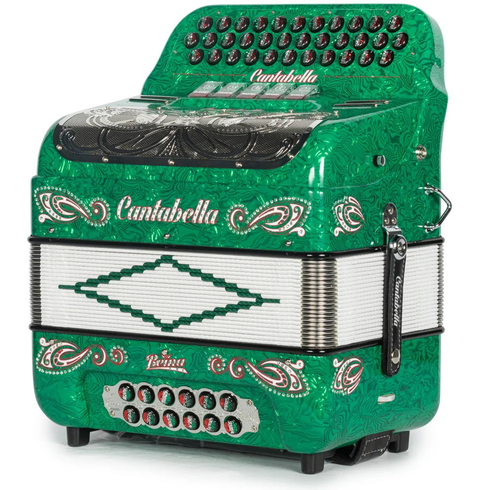 Cantabella Reina Accordion 5 Switch FBE Celluloid Green Waves with Painted Fretboard - Image 2