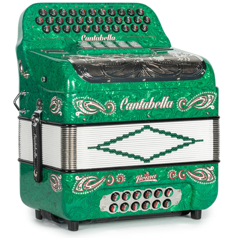 Cantabella Reina Accordion 5 Switch FBE Celluloid Green Waves with Painted Fretboard - Image 4