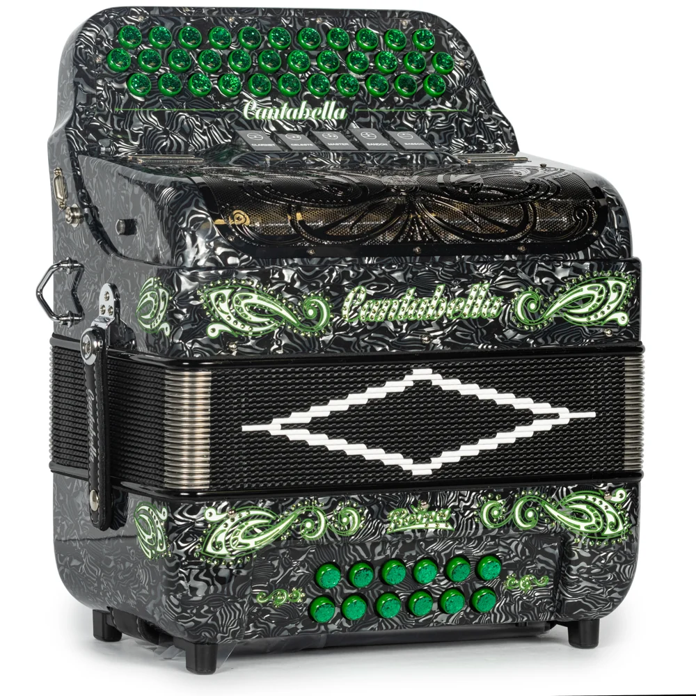 Cantabella Reina Accordion 5 Switch FBE Celluloid Grey Waves and Green with Painted Fretboard - Image 4