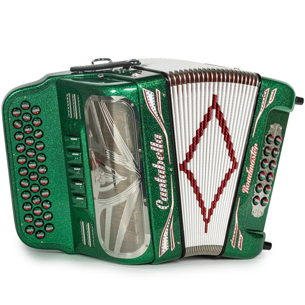 Cantabella Reina Accordion 5 Switch FBE Green Glitter with Red White and Green and Painted Fretboard
