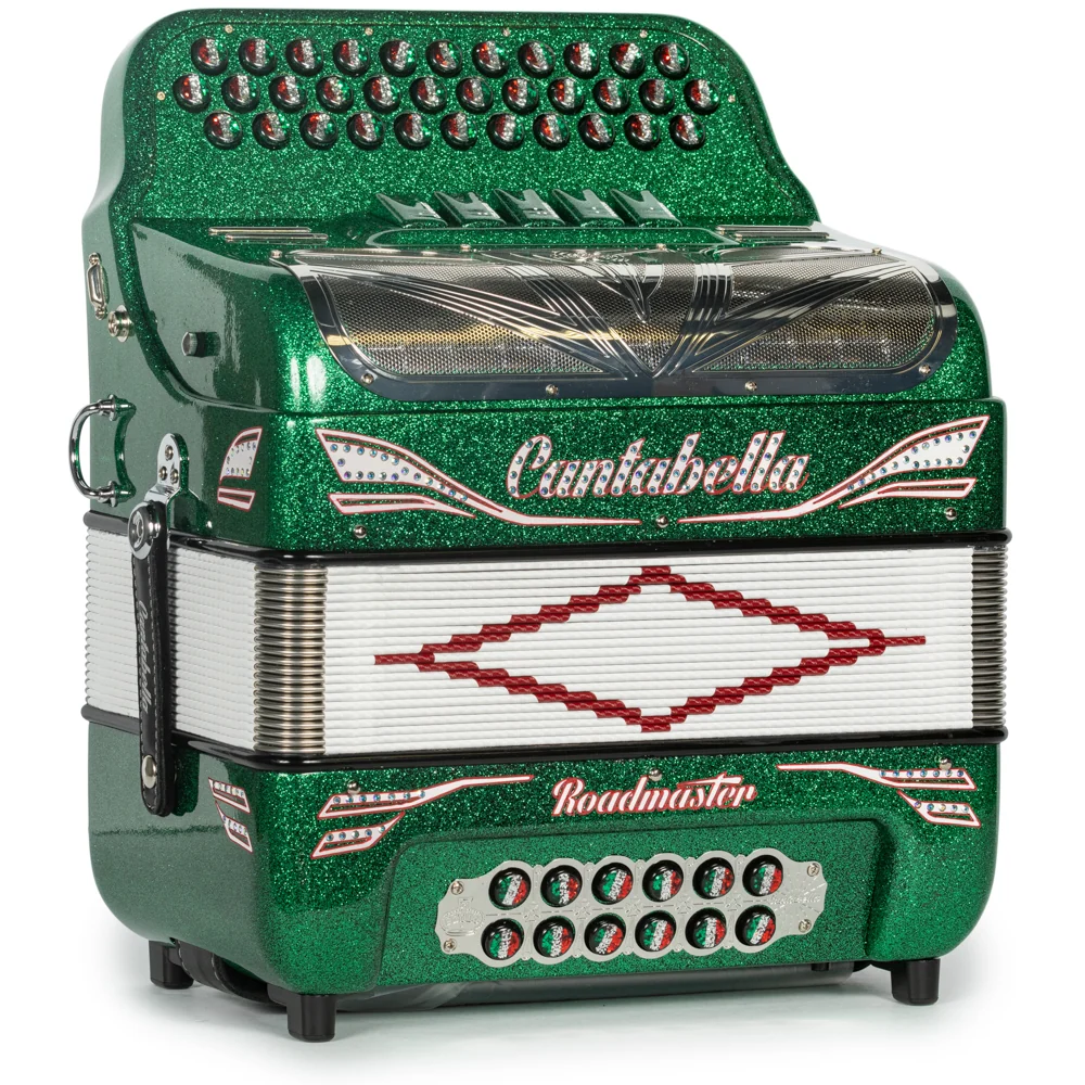 Cantabella Reina Accordion 5 Switch FBE Green Glitter with Red White and Green and Painted Fretboard - Image 4