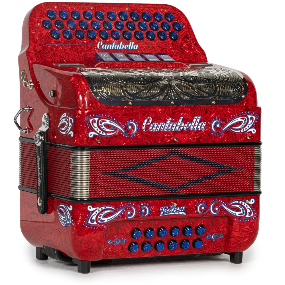 Cantabella Reina Accordion 5 Switch FBE Special Celluloid Red Waves with Blue and Painted Fretboard - Image 4