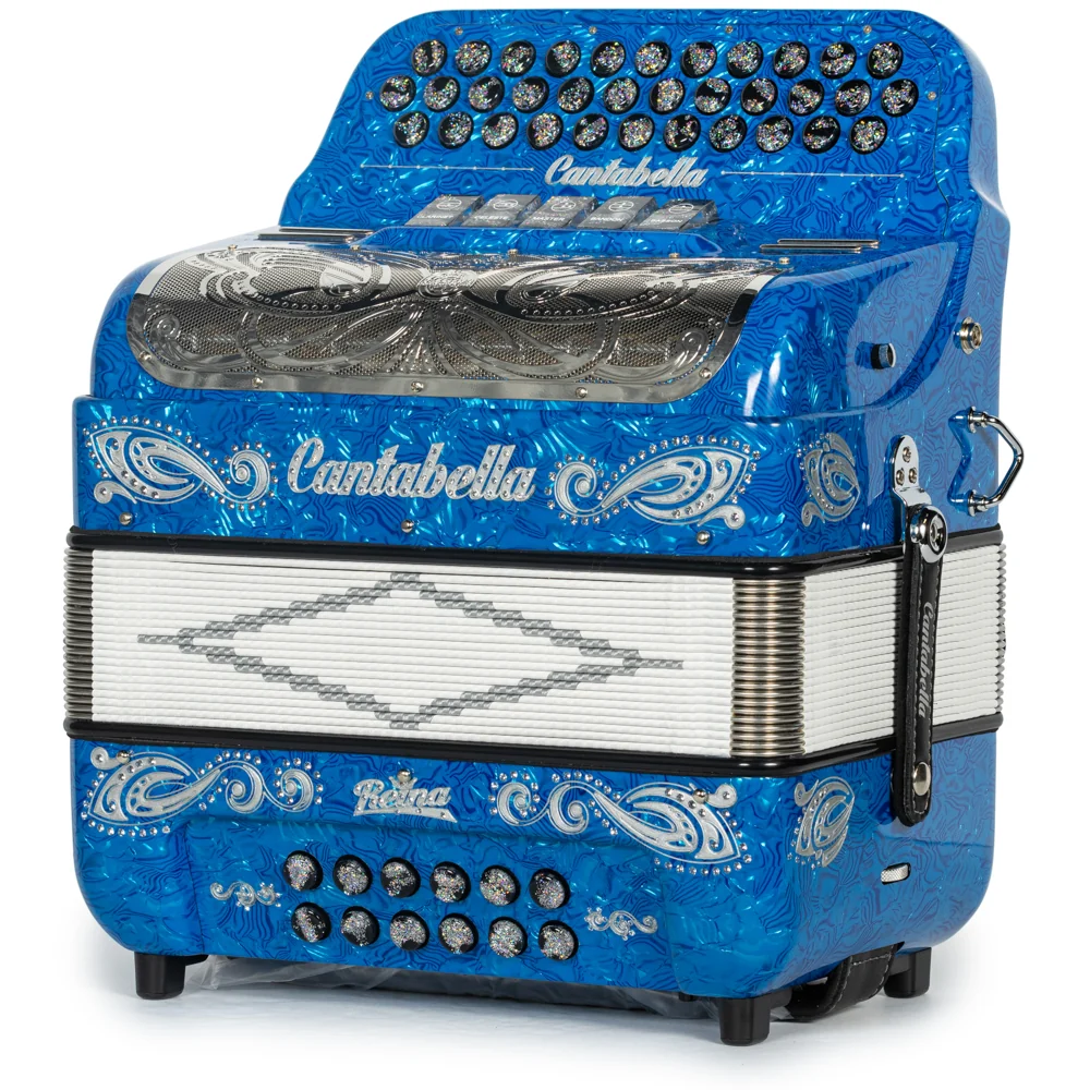 Cantabella Reina Accordion 5 Switch GCF Celluloid Blue Waves with Silver and Black Painted Fretboard - Image 2