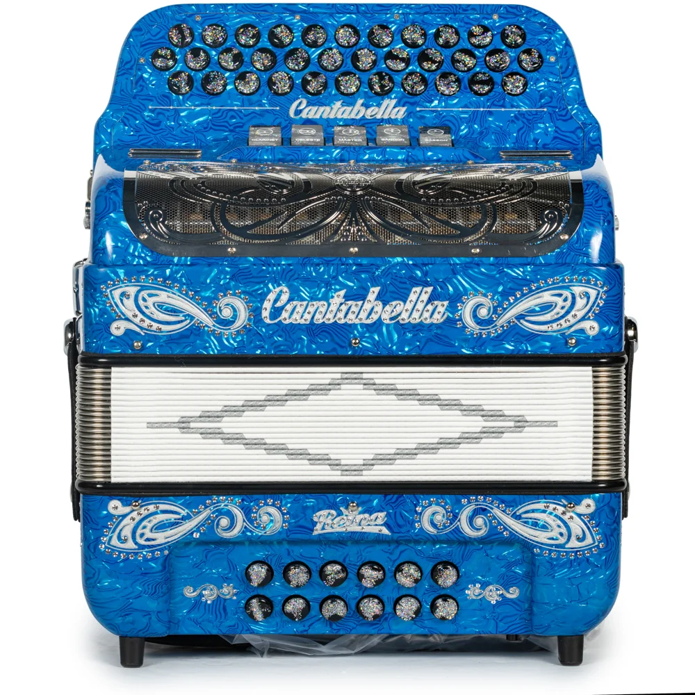Cantabella Reina Accordion 5 Switch GCF Celluloid Blue Waves with Silver and Black Painted Fretboard - Image 3