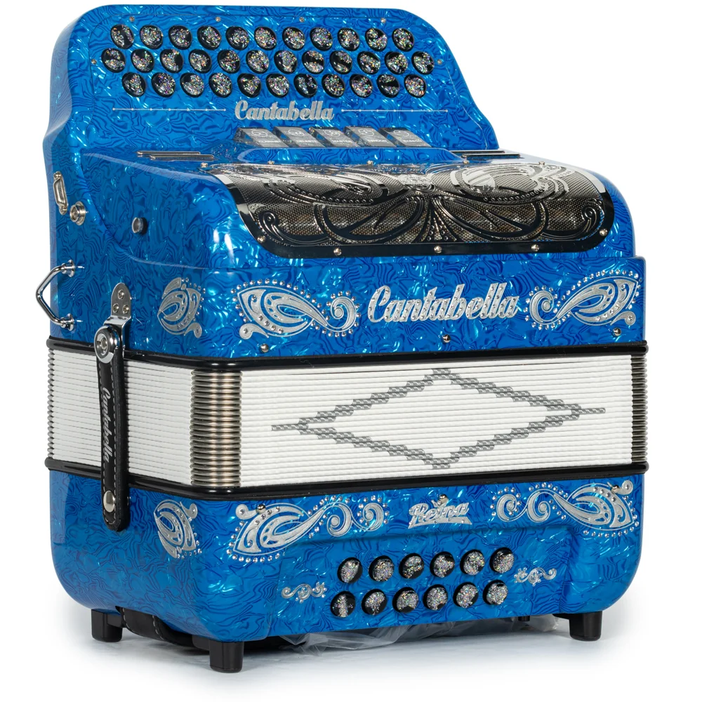 Cantabella Reina Accordion 5 Switch GCF Celluloid Blue Waves with Silver and Black Painted Fretboard - Image 4