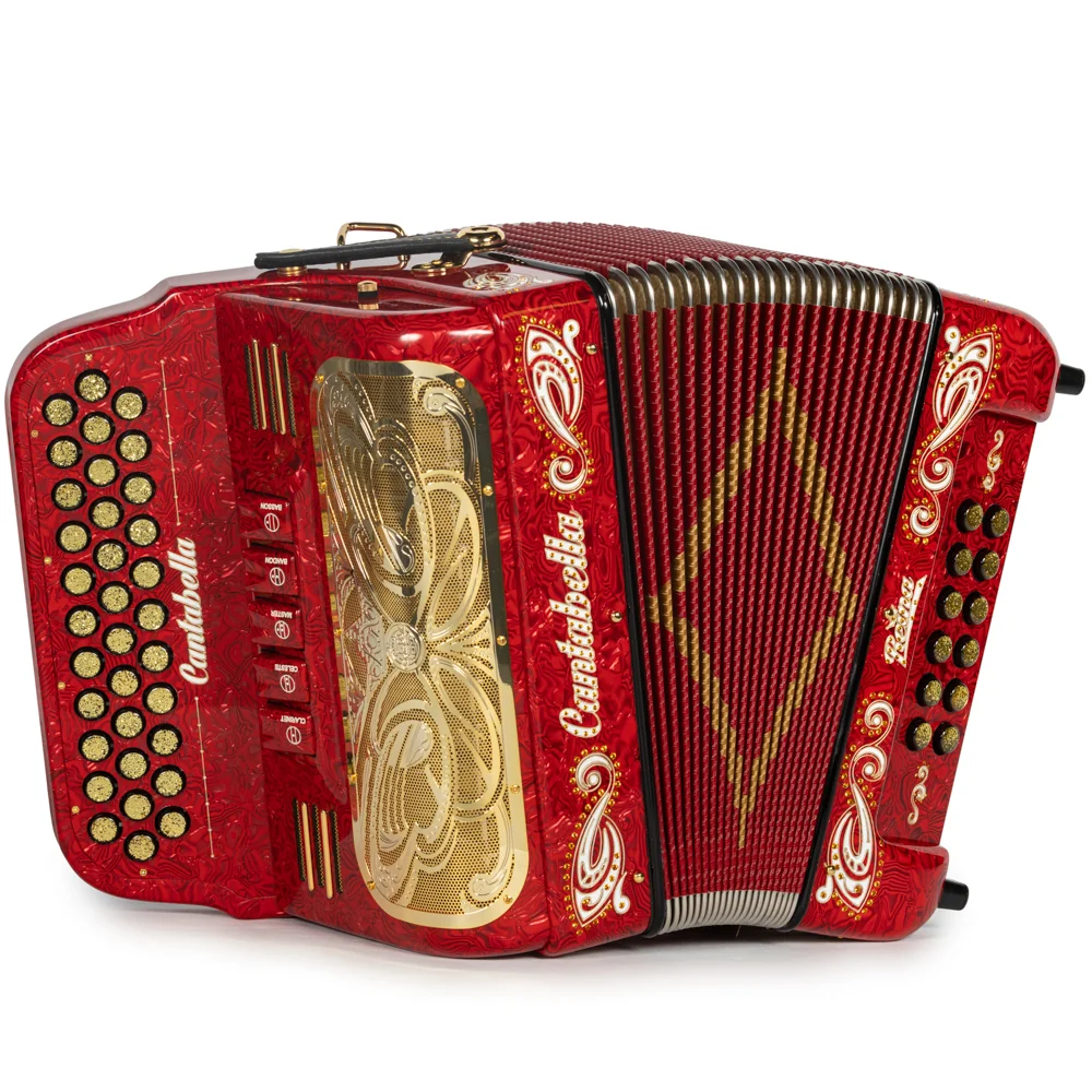Cantabella Reina Accordion 5 Switch GCF Special Celluloid Red Wave with Painted Fretboard
