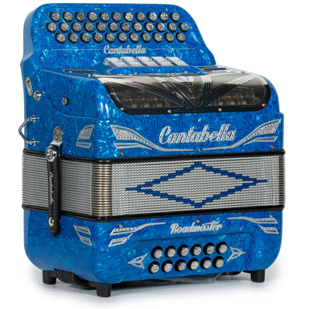 Cantabella Roadmaster Accordion 5 Switch FBE Celluloid Blue Waves Painted Fretboard with Silver and Blue Bellows - Image 4