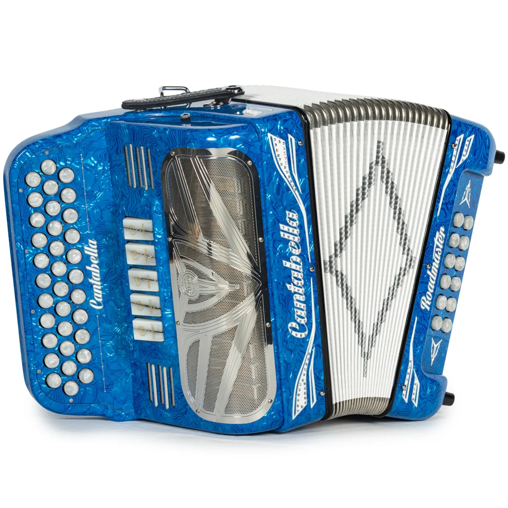 Cantabella Roadmaster Accordion 5 Switch EAD Celluloid Blue Waves with Painted Fretboard and White Bellows
