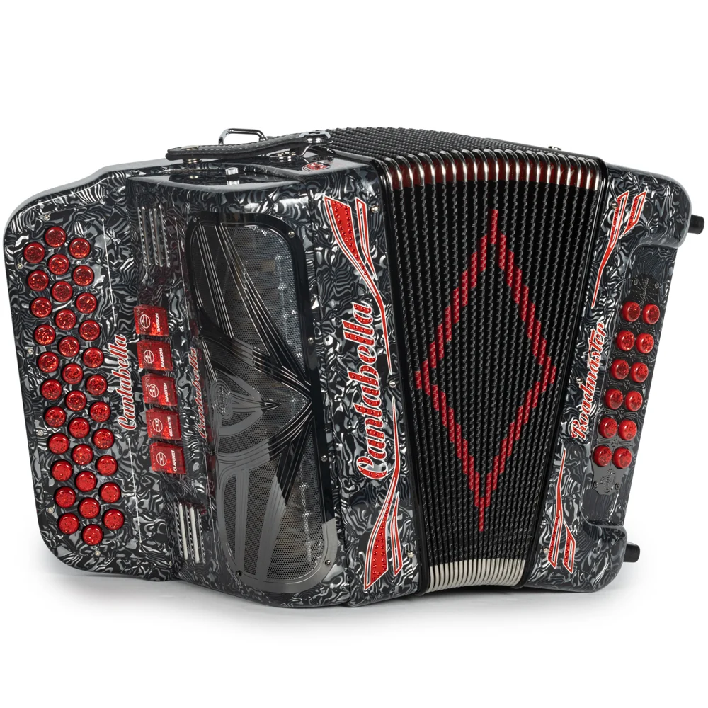 Cantabella Roadmaster Accordion 5 Switch GCF Celluloid Grey Waves with Red Painted Fretboard