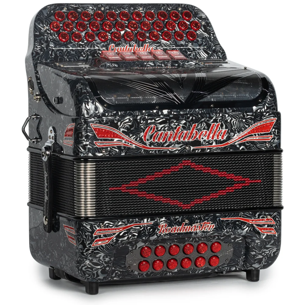 Cantabella Roadmaster Accordion 5 Switch GCF Celluloid Grey Waves with Red Painted Fretboard - Image 4