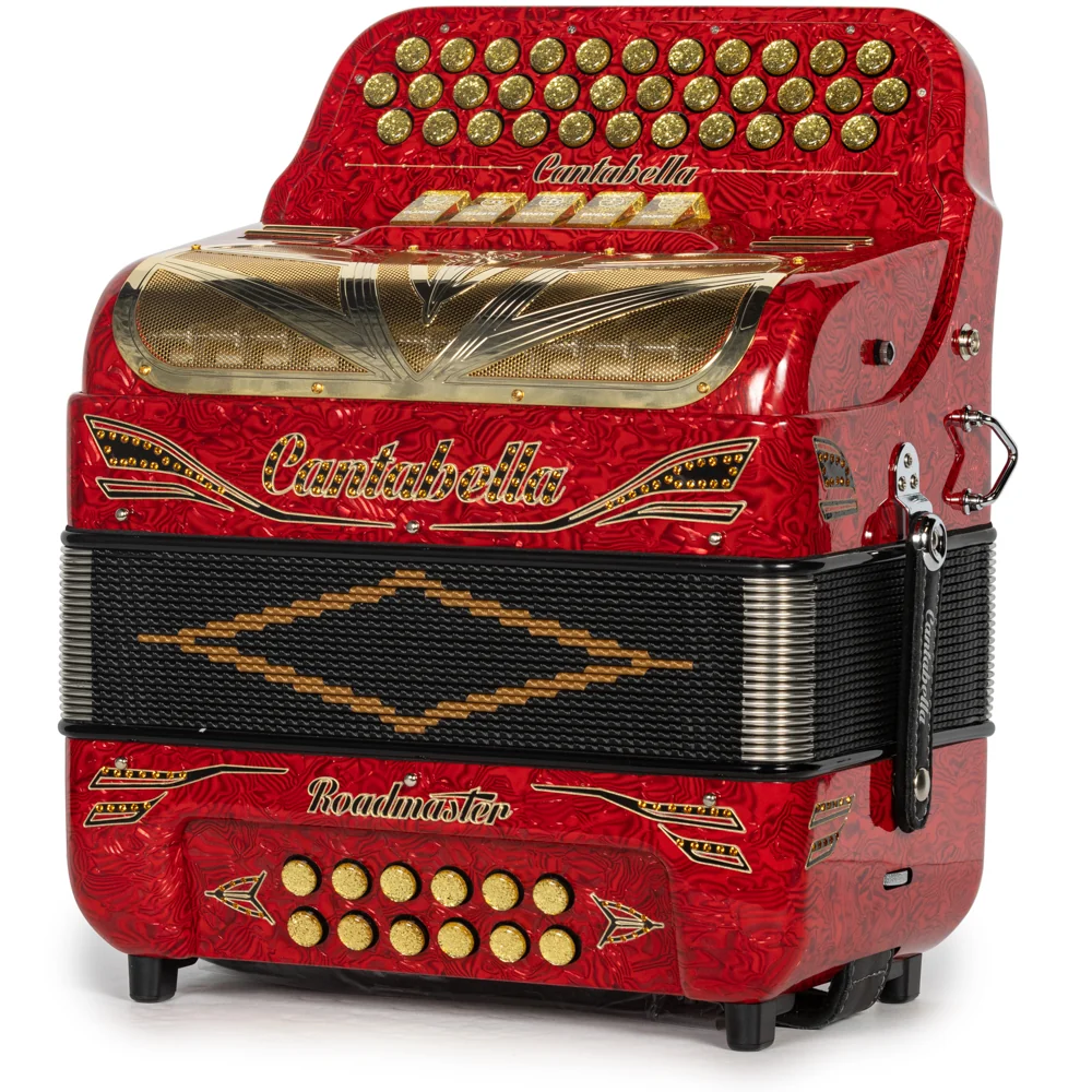 Cantabella Roadmaster Accordion Ultra Compact 5 Switch FBE Celluloid Wavy Red with Black and Gold and Painted Fretboard - Image 2