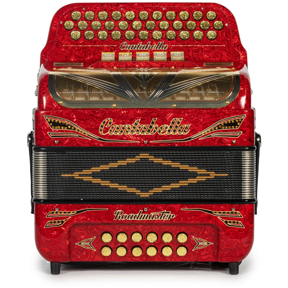 Cantabella Roadmaster Accordion Ultra Compact 5 Switch FBE Celluloid Wavy Red with Black and Gold and Painted Fretboard - Image 3