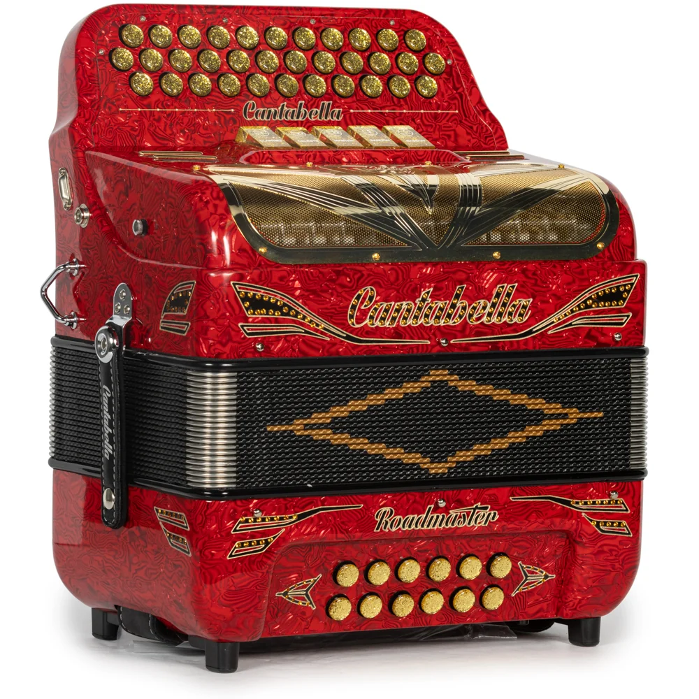 Cantabella Roadmaster Accordion Ultra Compact 5 Switch FBE Celluloid Wavy Red with Black and Gold and Painted Fretboard - Image 4