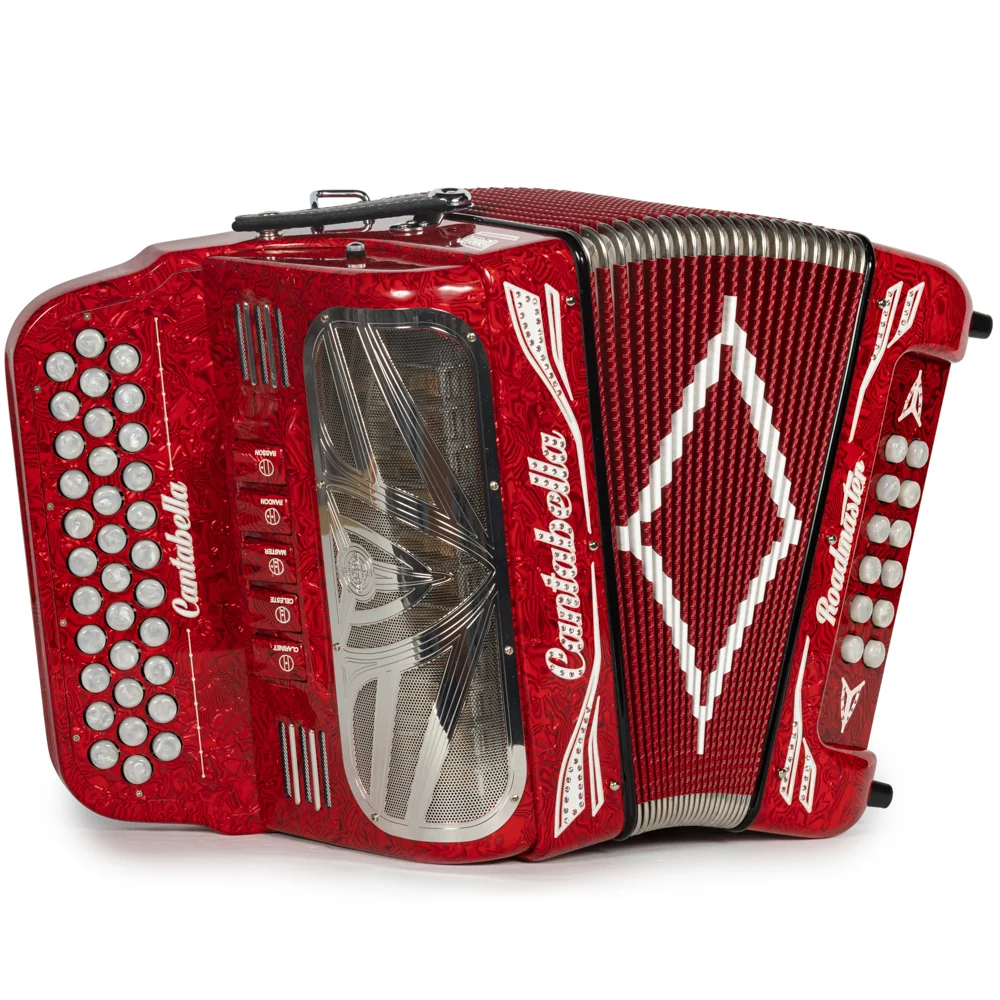 Cantabella Roadmaster Accordion Ultra Compact 5 Switch GCF Celluloid Wavy Red and White with Painted Fretboard and Red Bellows