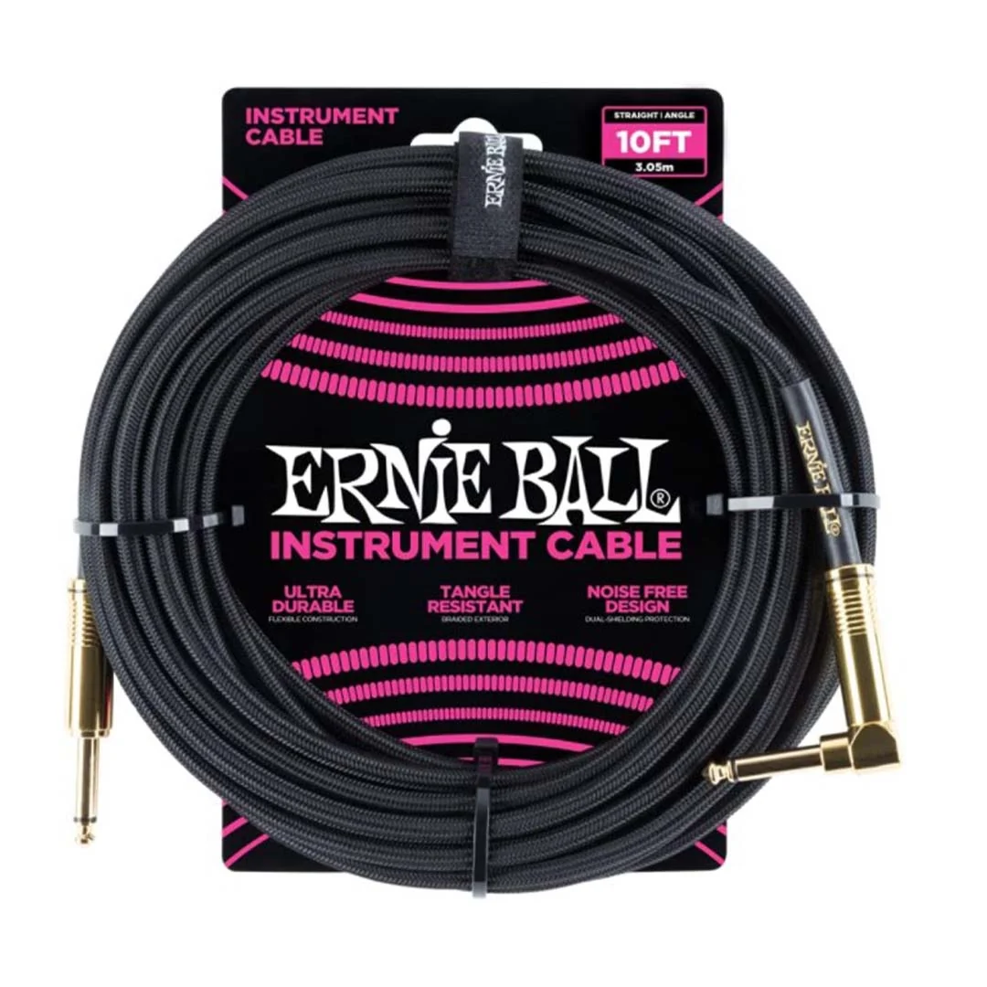 Ernie Ball P06081 Braided Straight to Right Angle Instrument Cable - 10 foot Black