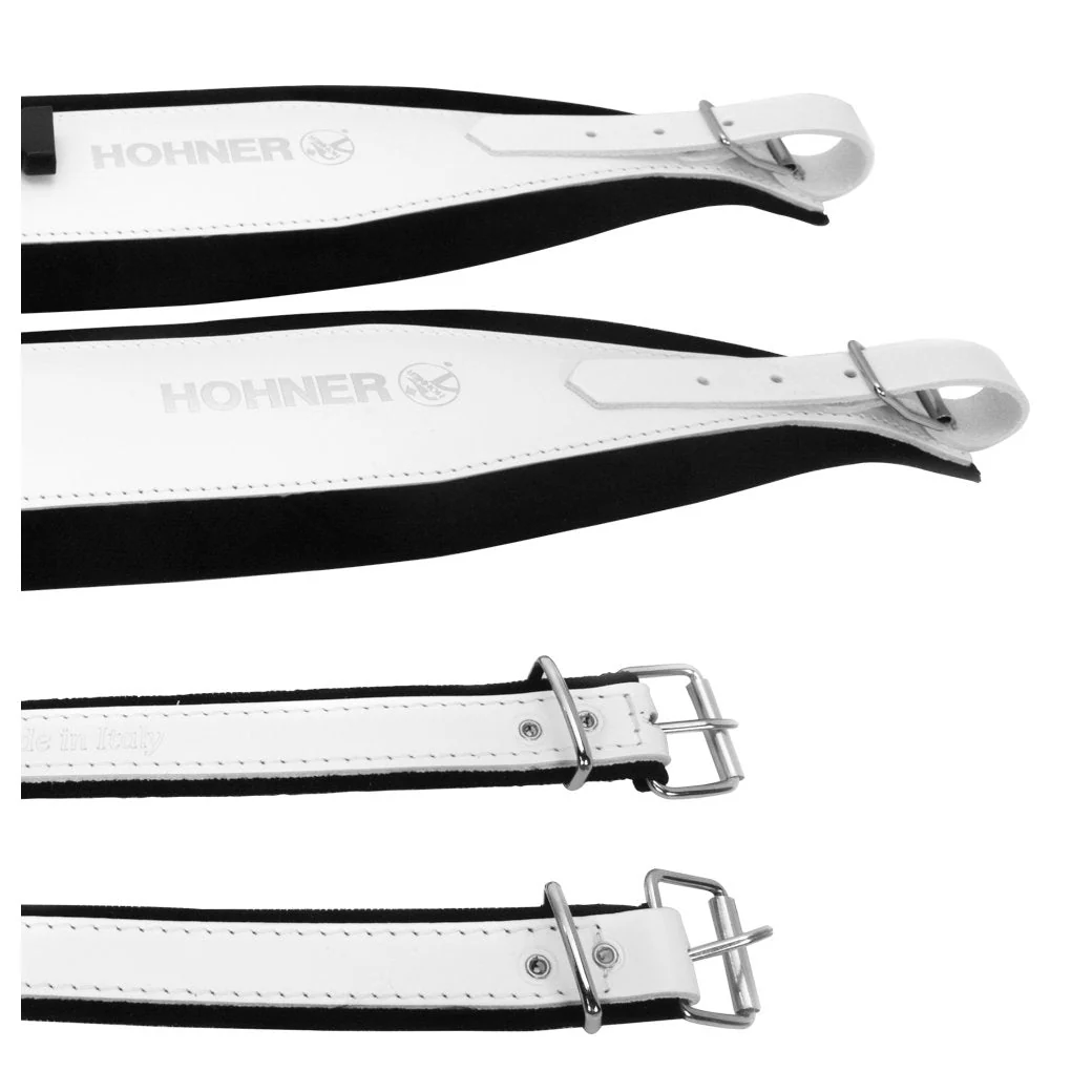 Hohner Extra Large Accordion Straps White on Black Leather and Velvet