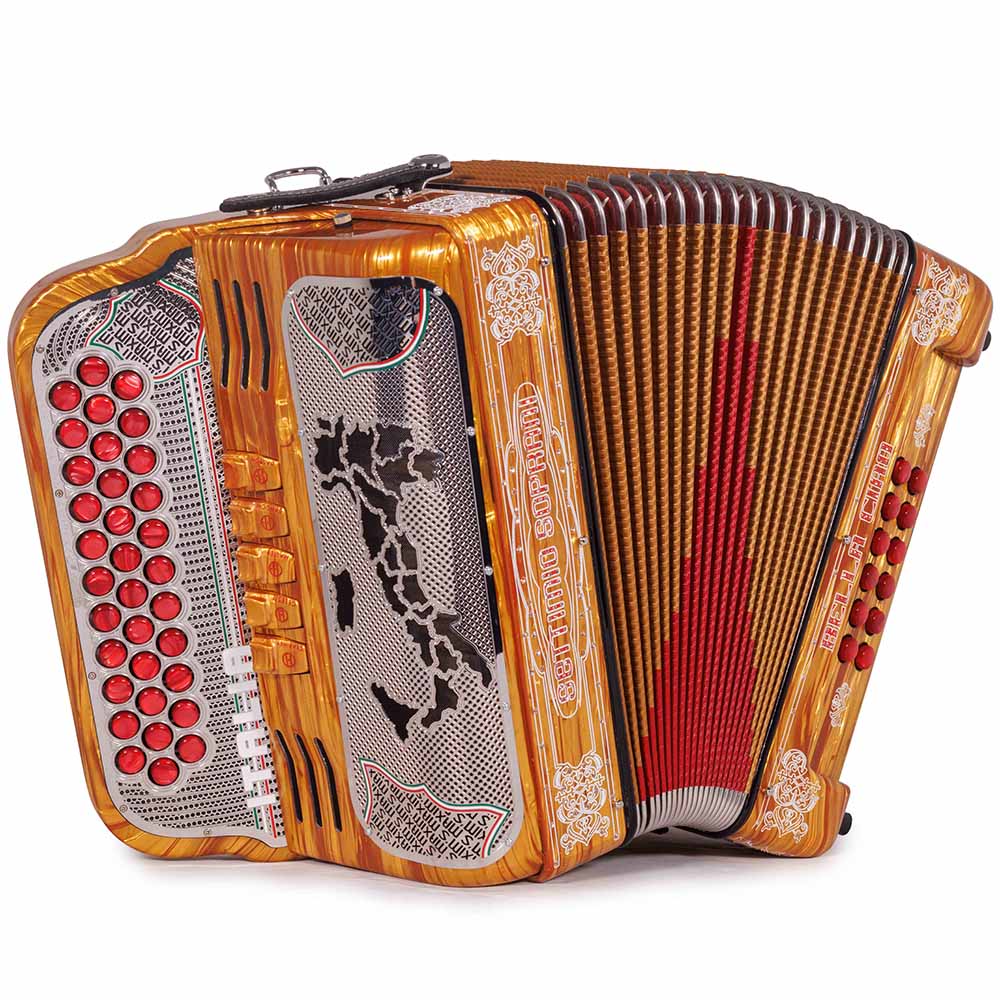 Settimio Soprani Bella Ciao Accordion 5 Switch EAD Celluloid Wood with Gold and Red Accessories