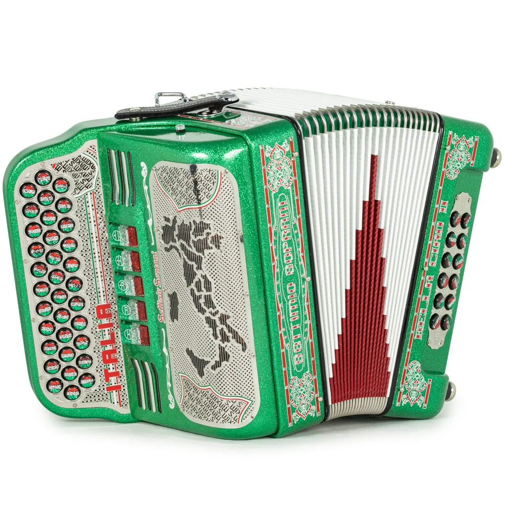 Settimio Soprani Bella Ciao II Ultra Compact 5 Switch Accordion FBE Green Glitter with Red White and Green