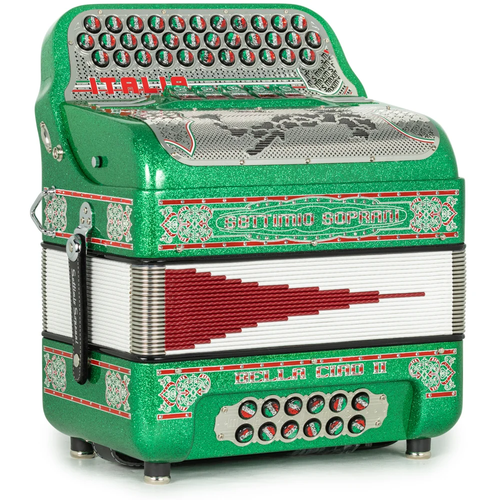 Settimio Soprani Bella Ciao II Ultra Compact 5 Switch Accordion FBE Green Glitter with Red White and Green - Image 4