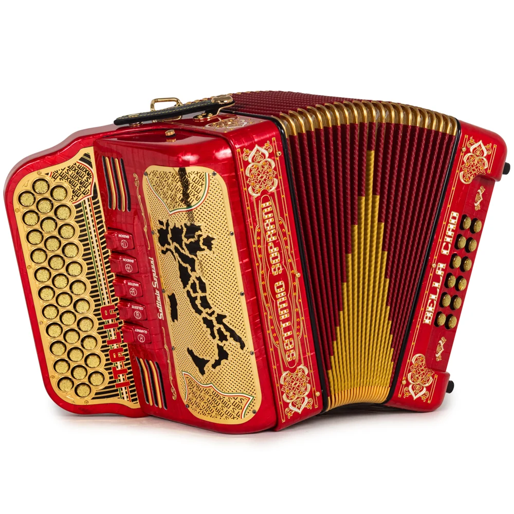 Settimio Soprani Bella Ciao II Ultra Compact 5 Switch Accordion FBE in Celluloid Red with Gold