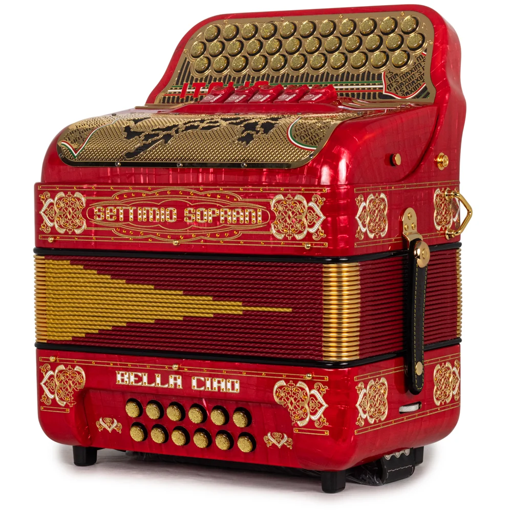 Settimio Soprani Bella Ciao II Ultra Compact 5 Switch Accordion FBE in Celluloid Red with Gold - Image 2
