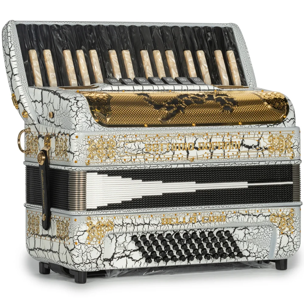 Settimio Soprani Bella Ciao Piano Accordion 7 Switch Cracked White and Gold - Image 4