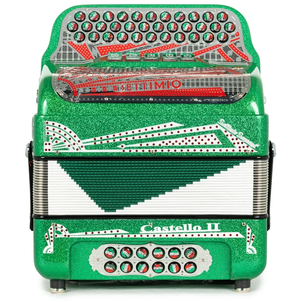 Settimio Soprani Castello II Ultra Compact 5 Switch Accordion FBE Green Glitter with Red White and Green - Image 3
