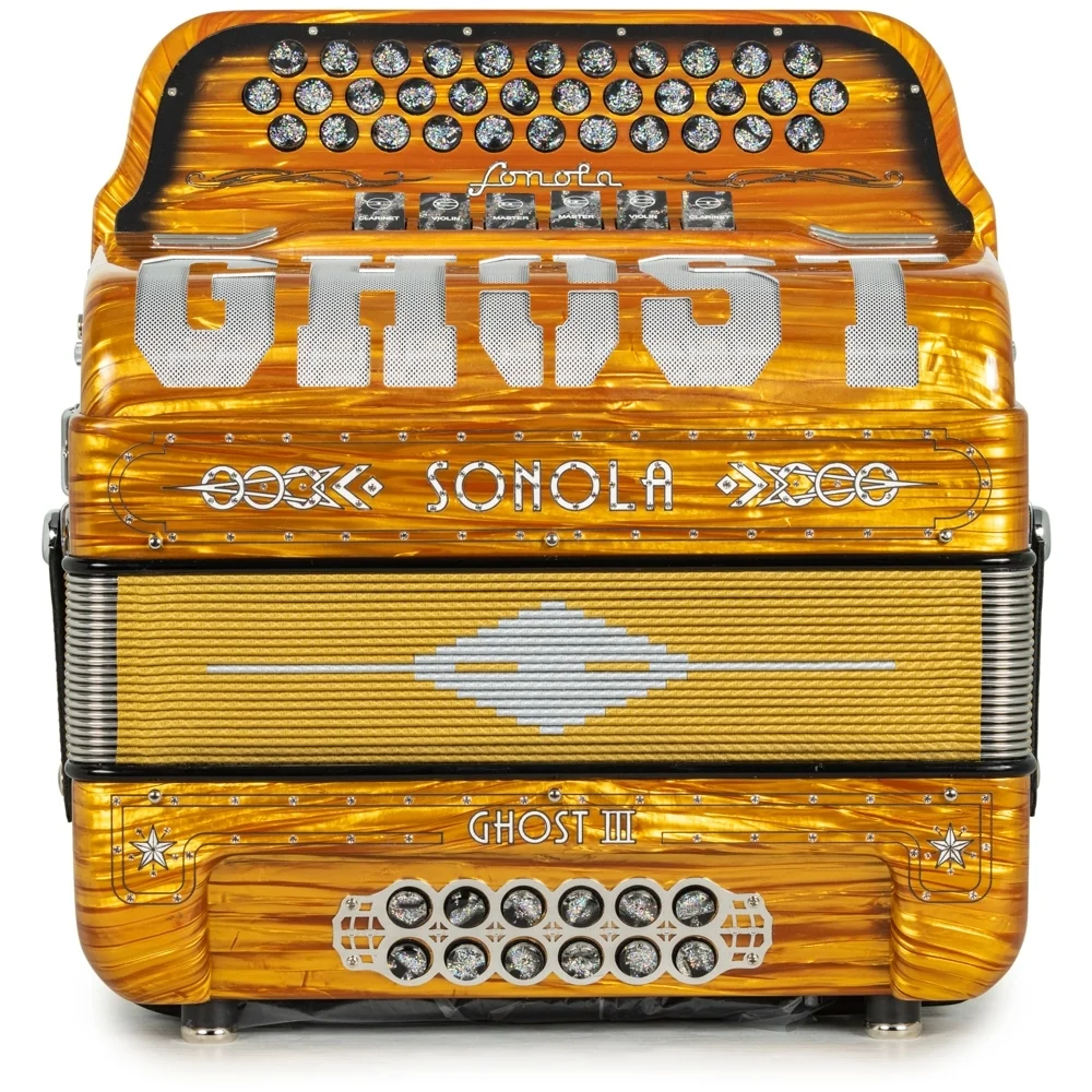 Sonola Ghost III Accordion 6 Switch 2-Tone FBE-EAD Celluloid Golden Wood and White - Image 3
