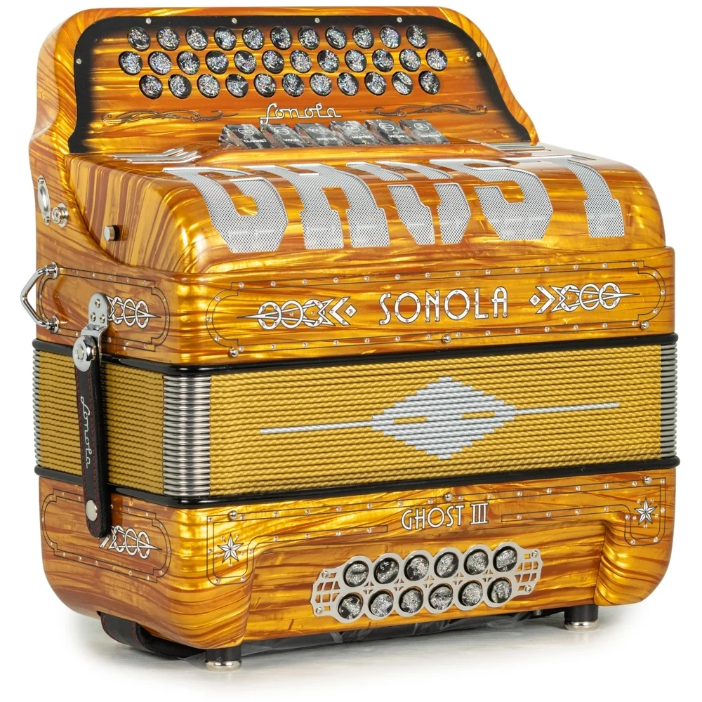 Sonola Ghost III Accordion 6 Switch 2-Tone FBE-EAD Celluloid Golden Wood and White - Image 4